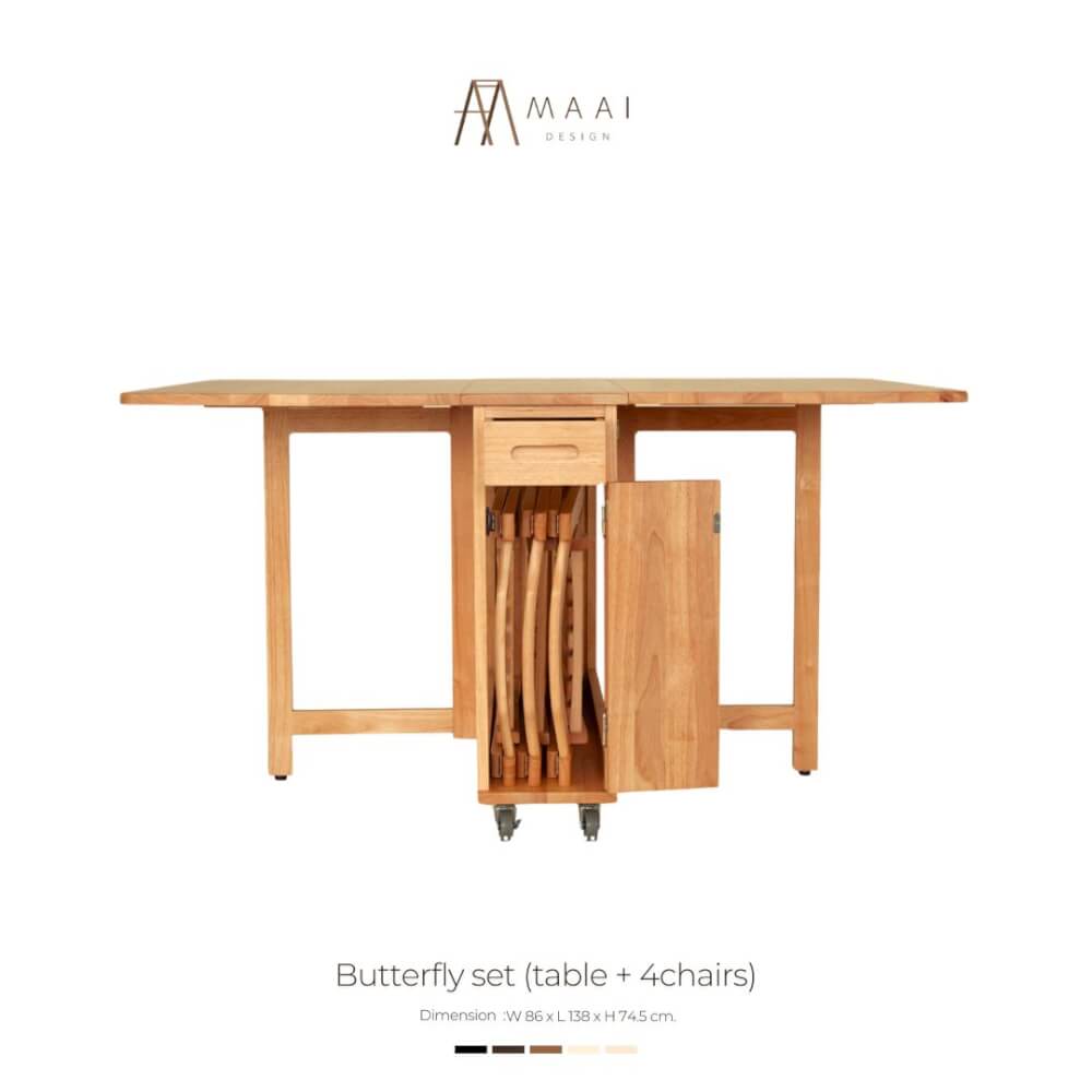 ชุดโต๊ะทานข้าวไม้ยางพาราแท้ 4 ที่นั่งพับเก็บได้ MAAI DESIGN  รุ่น BUTTERFLY TABLE SET สีโอ๊ค
